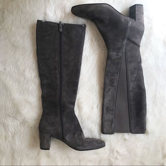 DONALD PLINER Suede Knee High Boot Chunky Heel‎ Round Toe Taupe Gray Size 6.5 - Picture 3 of 14